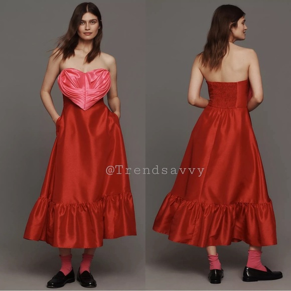 Anthropologie Dresses & Skirts - Anthropologie Hutch Strapless Heart Bodice Red Pink Satin Maxi Dress 6 NWT